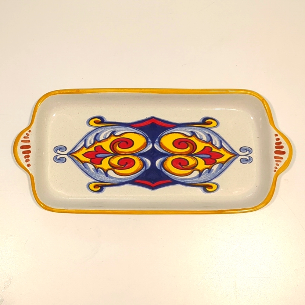 Hand-Painted Blue, Red, & Yellow Italian Ceramic Decorative Accent Tray